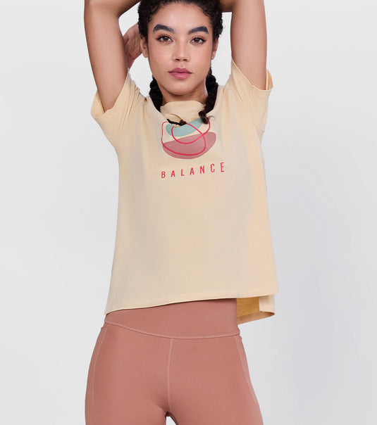 Enamor Short Sleeve Crew Neck Regular Length Cotton Active T-Shirt for Women - Relaxed Fit, Super Soft, Anti-Odour - A301 (Ivory Cream Balance Graphic)
