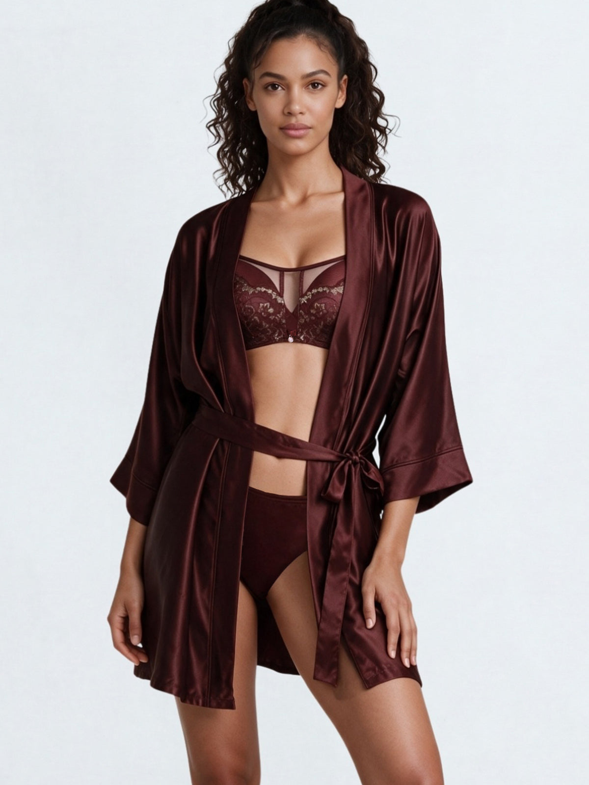 Enamor Luxe Kimono Robe – R163, Soft Satin Drape, Kimono Sleeves, Adjustable Self-Tie  (Fig Velvet)