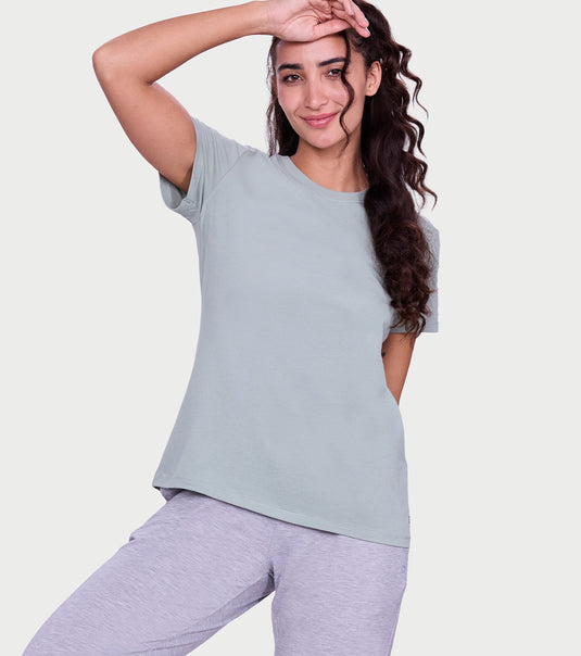 Enamor Pull on Short Sleeve Crew Neck Regular Length Cotton Comfort T-Shirt For Women - Relaxed Fit - E311 (Iceberg Green)