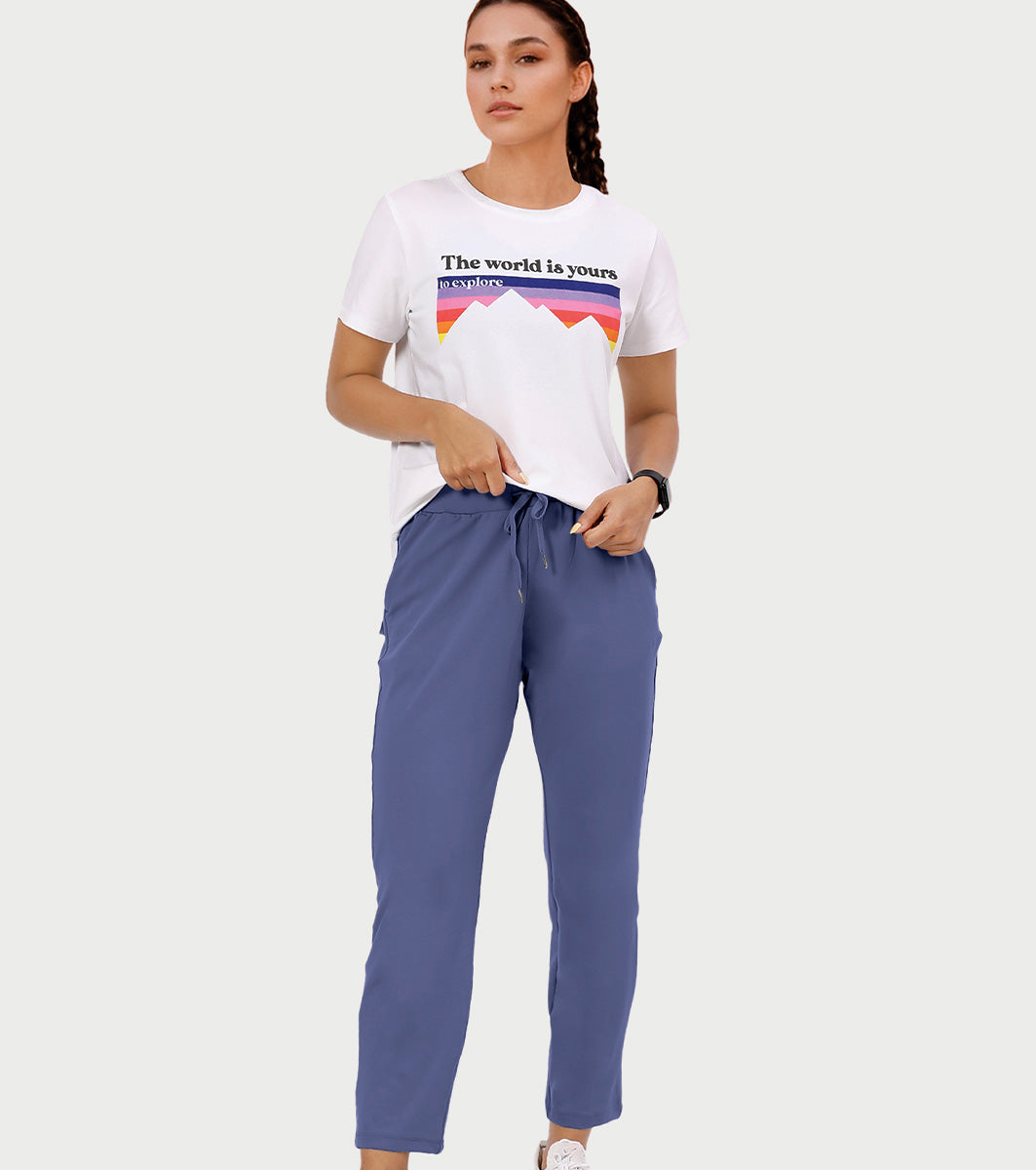 Enamor Mid Rise 7/8th length Drawstring Closure Travel Pants For Women - Relaxed Fit, Quick Dry, Antimicrobial - E068 (Basalt)