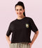Enamor Short Sleeve Crew Neck Crop length Slip on Square T-Shirt For Women - Back Print, Oversized Fit Soft Cotton French Terry - Graphic E3G5 (Jet Black Magical)