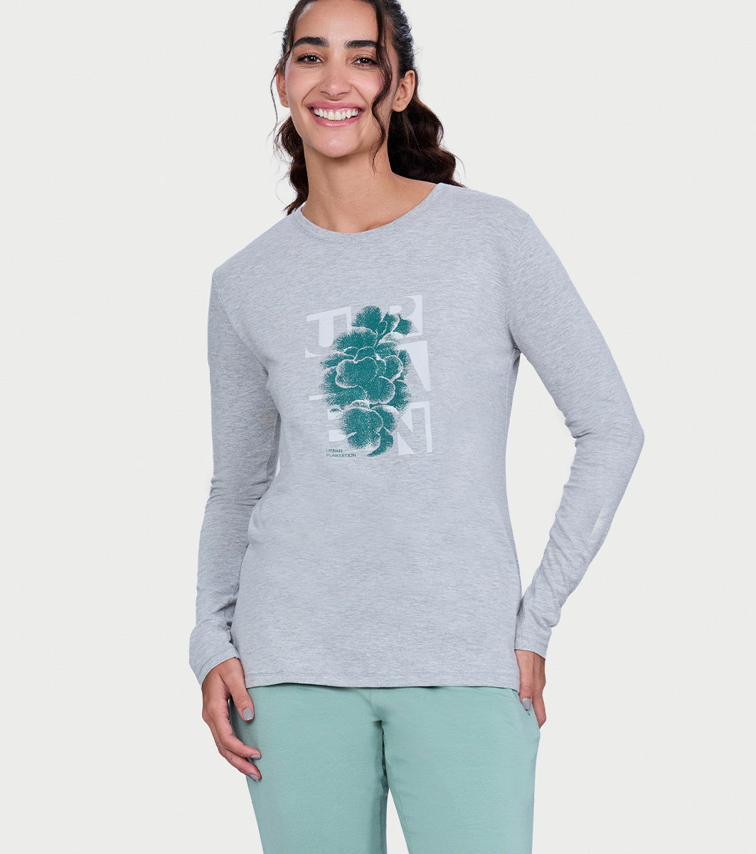 Enamor Full Sleeve Crew Neck Regular Length Pull On Basic Crew T-Shirt For Women - Typographic Print, Soft and Breathable Stretch Cotton - E157 (Lt Grey Melange Urban Plantation Graphic)