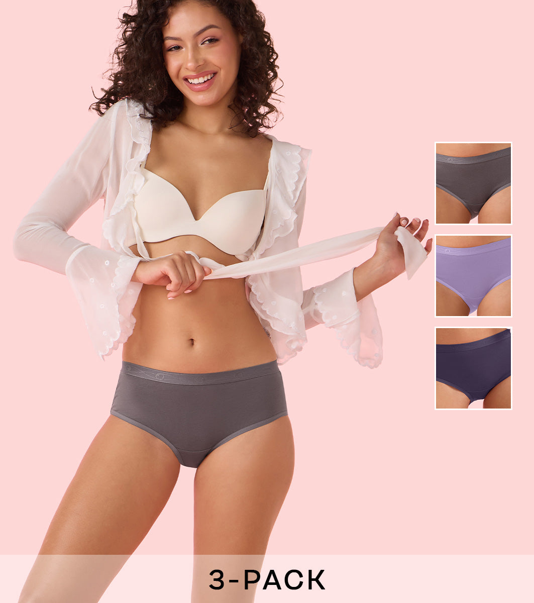 Enamor Chic Cotton, Naturally Breathable Cotton, All Day Comfort, Mid Waist Brief Panty for Women -  Antimicrobial with Stain Release, Soft Outer jacquard Elastic, Full Coverage - CH07 Pack of 3 (Multicolorsolid)