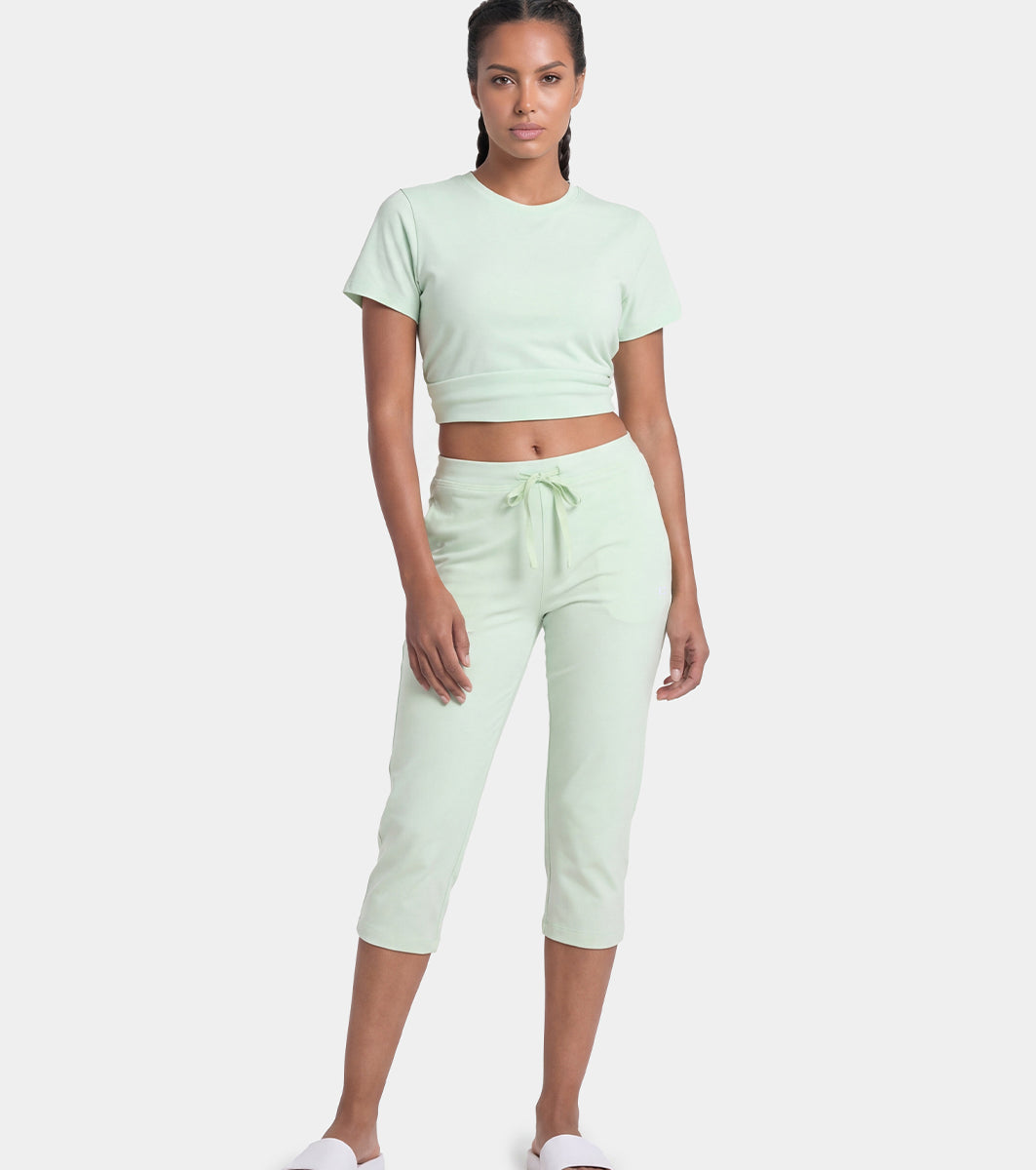 Enamor Mid Rise Capri length Drawstring Closure Lounge Capri for Women - Slim Fit, Soft and Breathable Stretch Cotton - E018 (Smoke Green)