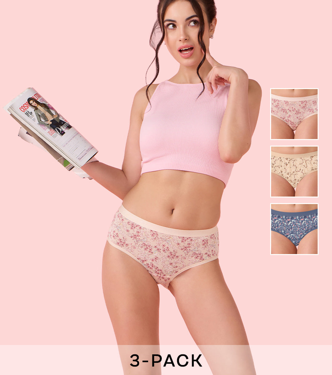 Enamor Chic Cotton, Naturally Breathable Cotton, All Day Comfort, Mid Waist Brief Panty for Women -  Antimicrobial with Stain Release, Soft Outer jacquard Elastic, Full Coverage - CH07 Pack of 3 (Multicolorprint)