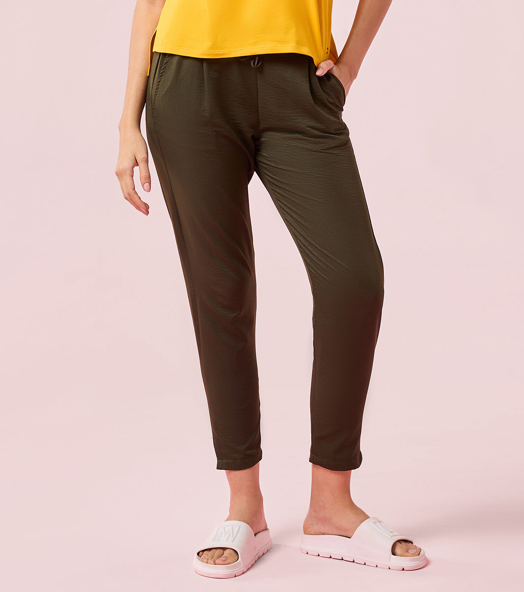 Enamor E407 Women's Pleated Pull-On Pant - Relaxed Fit, Mid Rise, Regular Length - Dark Olive