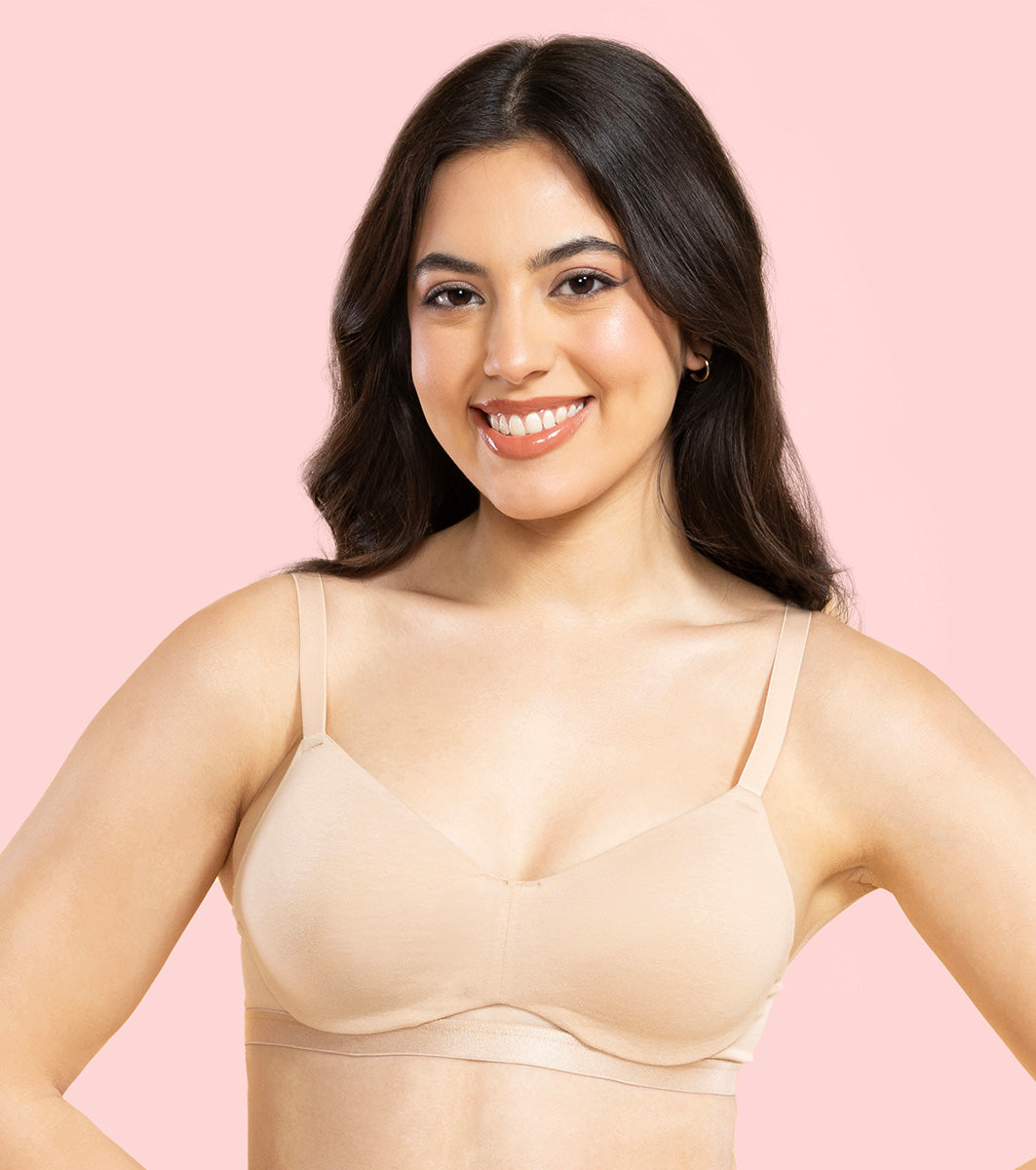 Enamor Innovations CloudSoft, Invisi Neckline Women's Cotton Everyday T-Shirt Lift Bra - Padded, Wired, High Coverage - A132 (Pale Skin)