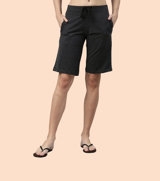 Enamor Mid Rise Knee length Drawstring Closure City Shorts For Women - Slim Fit, Soft and Breathable Cotton - E044 (Charcoalmelange)