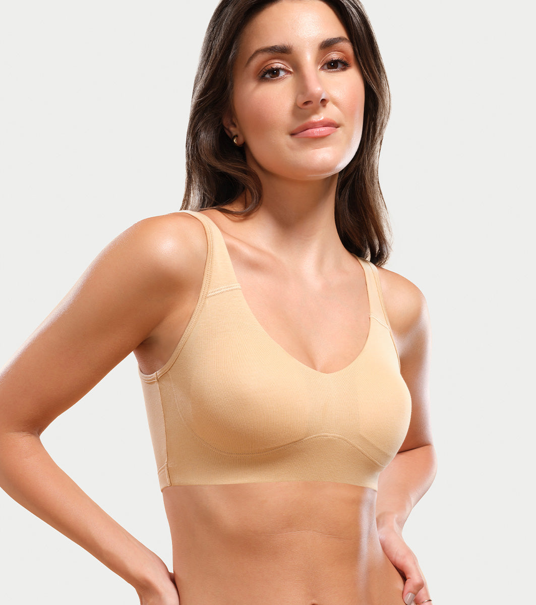 Enamor Easy Slip-On and Back Keyhole Women's Cotton Everyday Beginner's Bra - Padded, Wirefree, Full Coverage - A106 (Skin)