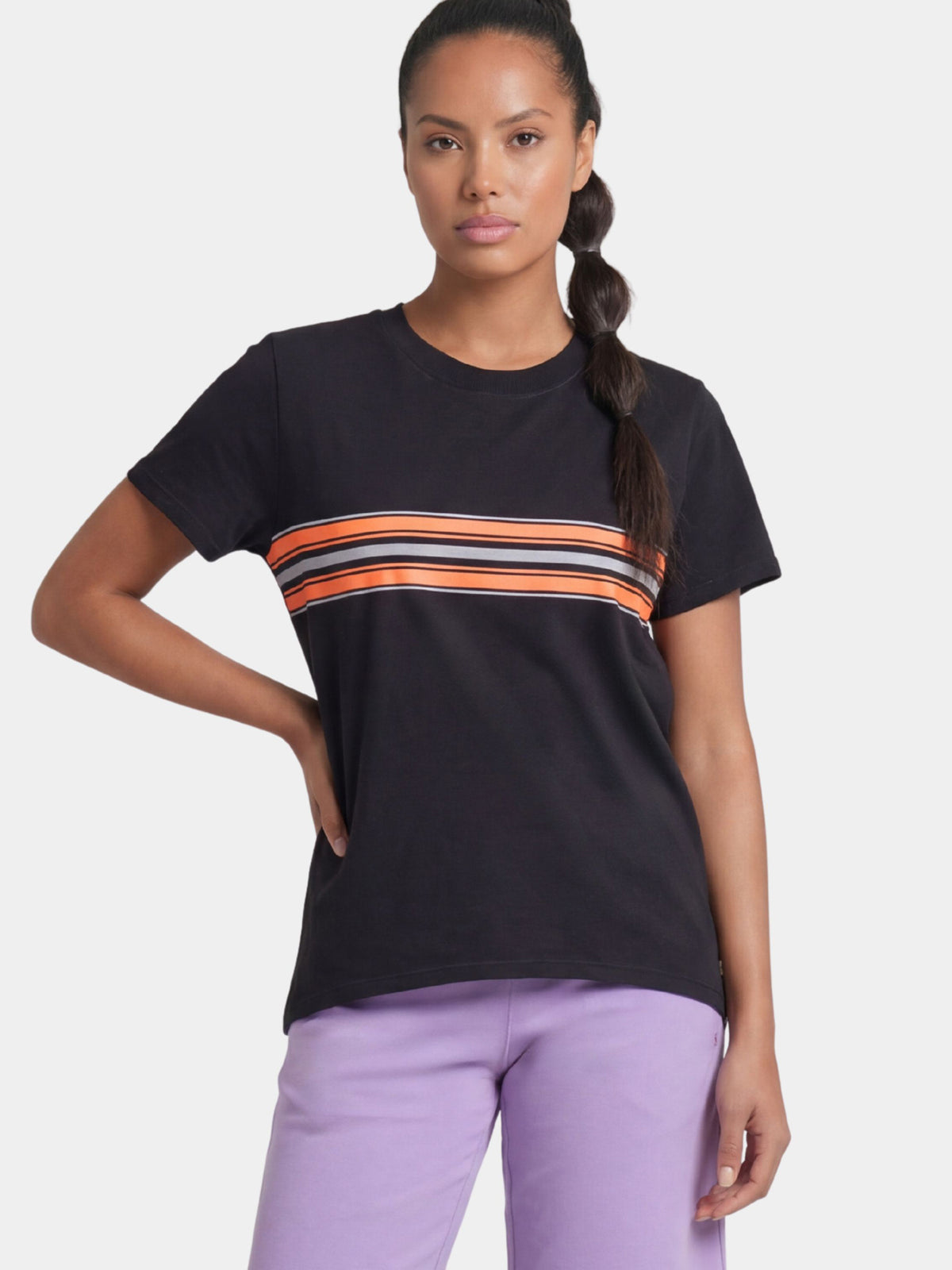 Enamor E3S5 High Low Tee Stripe - Short Sleeve Crew Neck Stretch Cotton Tee with Stylish Stripes