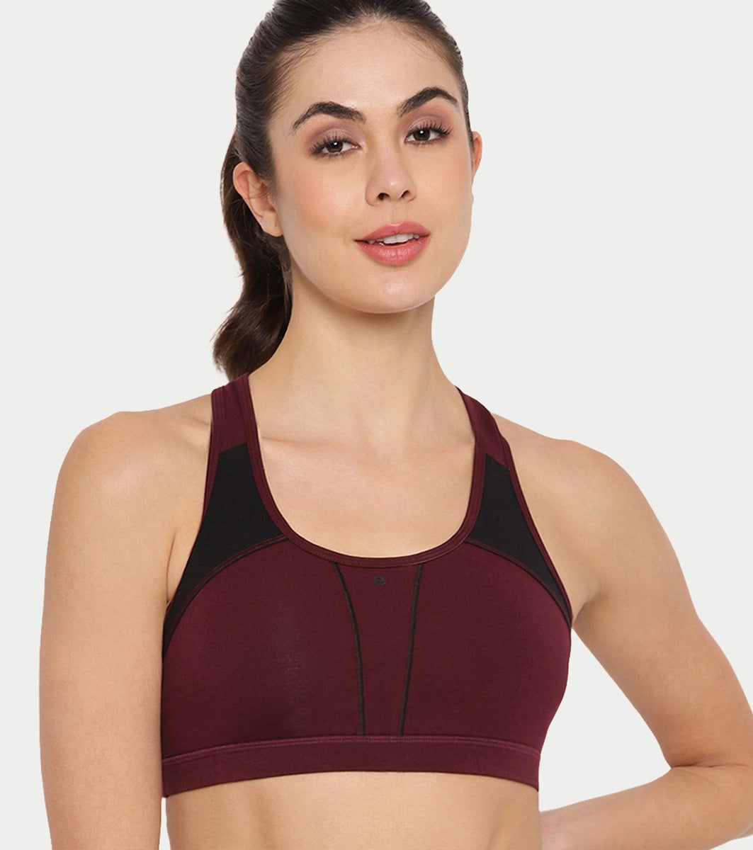 Enamor Medium Impact, Side Panel Shaping, Racer Back Women's Cotton Sports Bra - Padding with Removable Cups, Wirefree, High Coverage - SB08 (Grapewine)