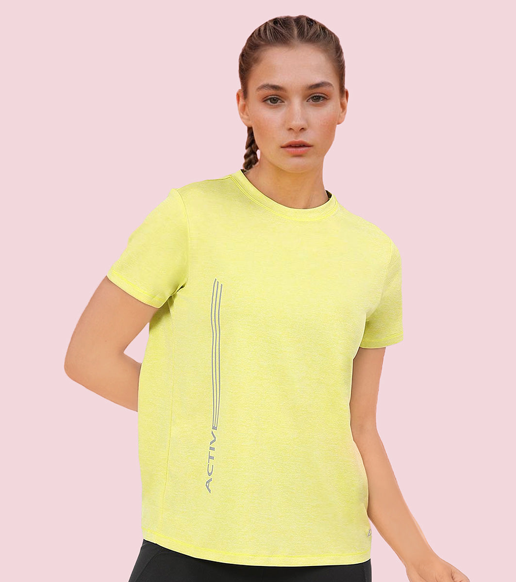 Enamor A309 Women Basic Workout Relaxed Fit Crew Neck Short Sleeve Tee with Reflective Active Graphic - Cyber Lime Mel