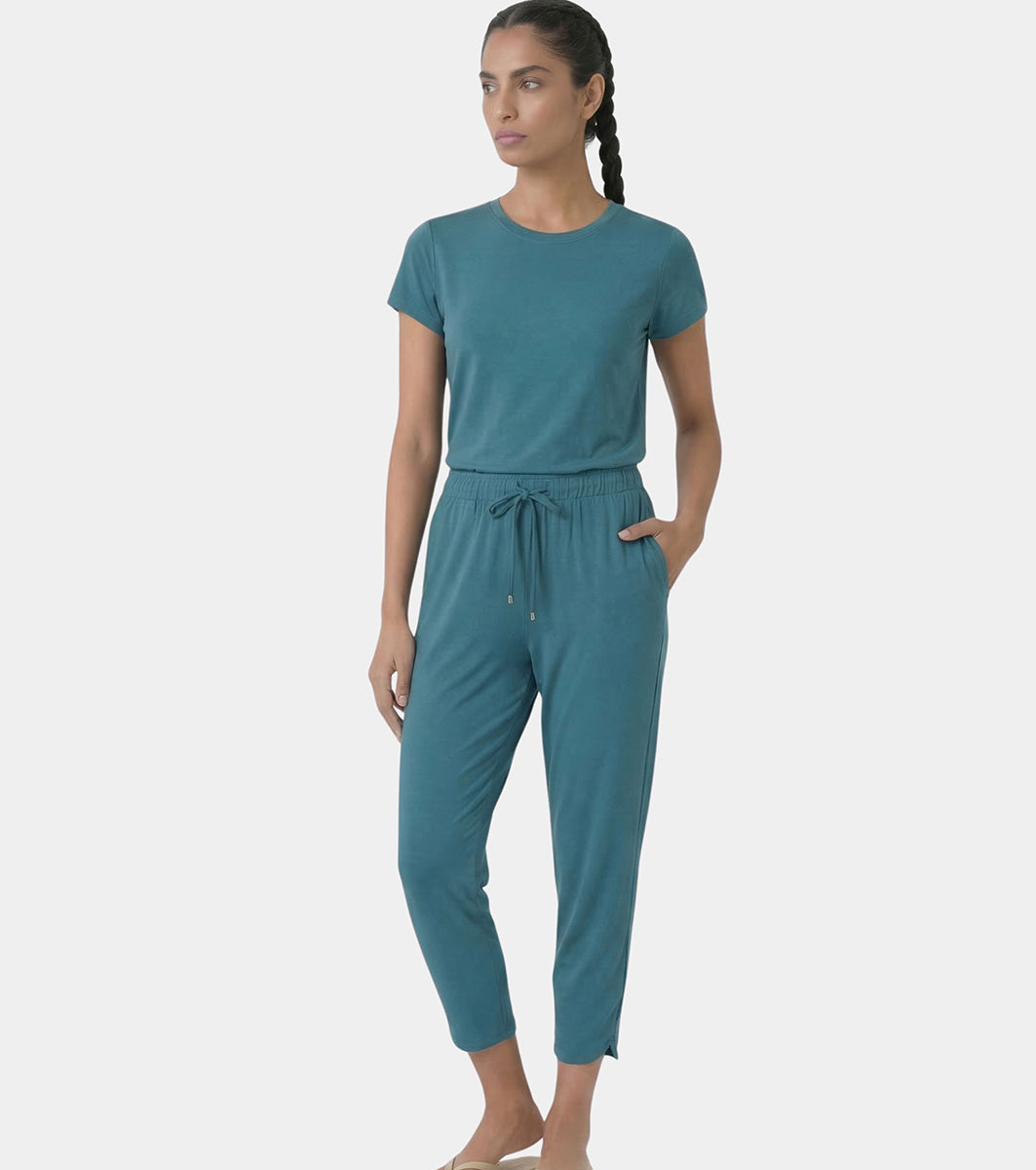 Enamor Mid Rise 7/8th length Drawstring Closure Shop In Pants for Women - Relaxed Fit, Soft & drapey 4-way stretch - E048 (Mediterranea)