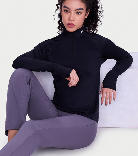 Enamor Full Sleeve High Neck Medium Length Pull on Dry Fit T-Shirt For Women - Slim Fit - A310 (Jet Black)