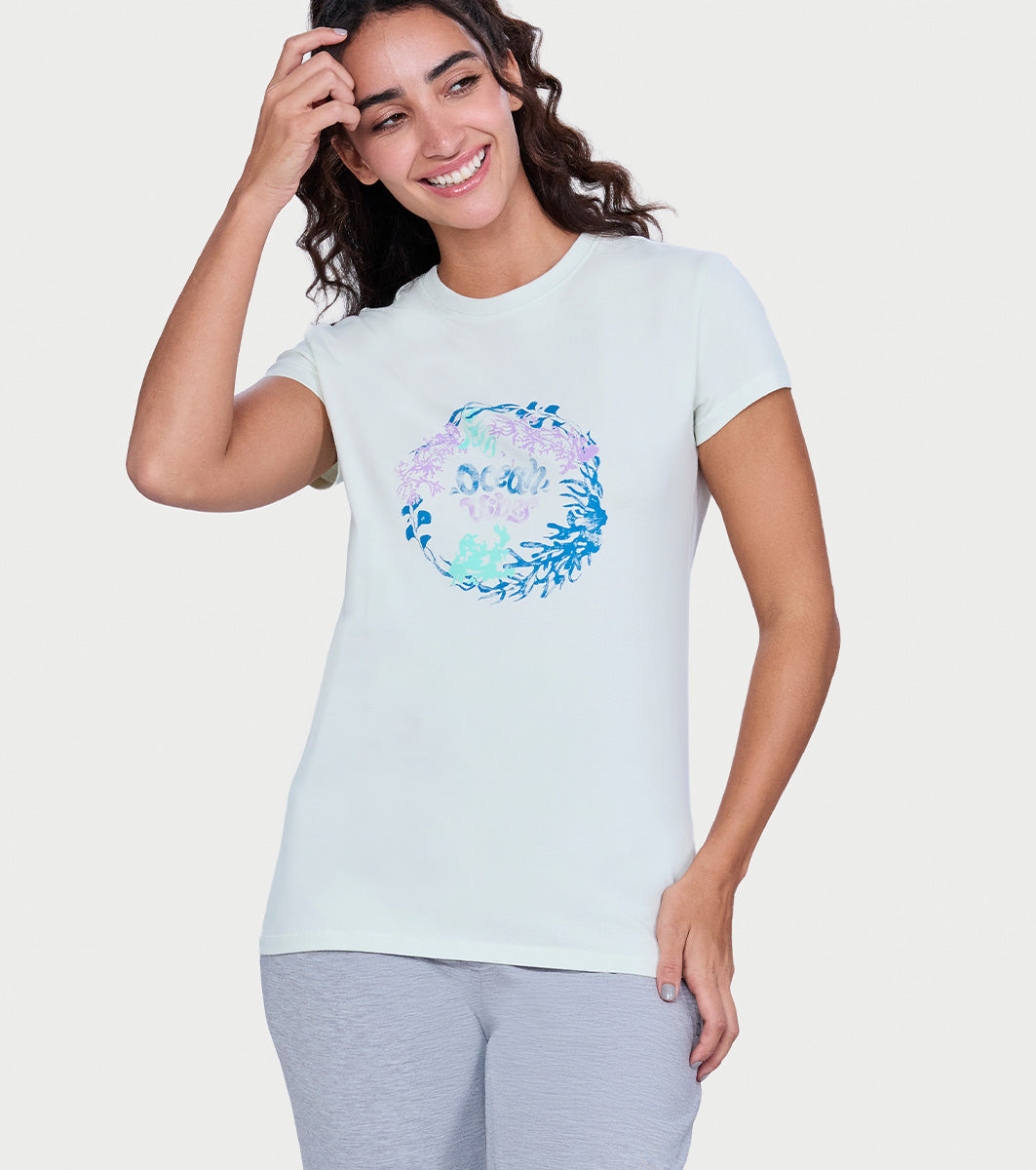 Enamor Short Sleeve Crew Neck Regular Length Basic Crew T-Shirt - Slim Fit, Soft and Breathable Stretch Cotton - E147 (Fairest Jade Ocean Vibes Graphic)