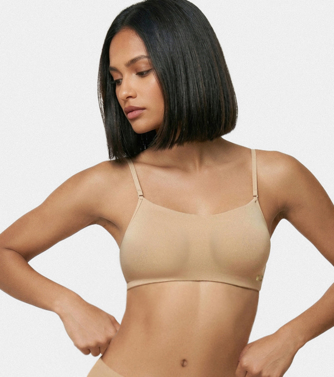 Enamor Moulded Double Layer Front Women's Cotton Cami Bra - Detachable Slim Straps with Back Keyhole, Non Padded, Wirefree, High Coverage - A022 (Skin)