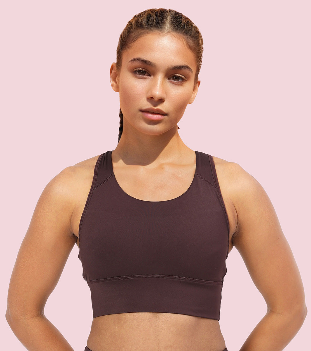 Enamor A202 Wide Straps Seamed T-back Basic Workout Sports Bra - Quick Dry, Antimicrobial, Removable Padding, Non-Wired, Full Coverage (Choco Fudge)