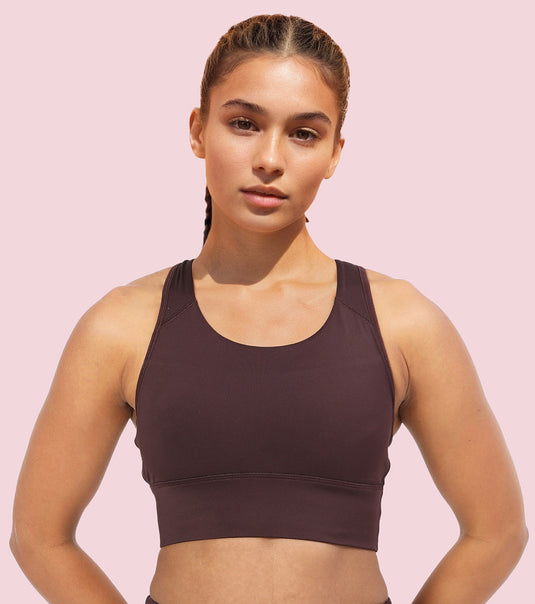 Enamor A202 Wide Straps Seamed T-back Basic Workout Sports Bra - Quick Dry, Antimicrobial, Removable Padding, Non-Wired, Full Coverage (Choco Fudge)