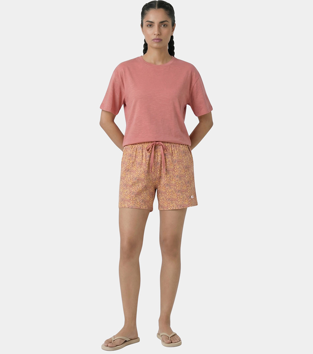 Enamor Drawstring Mid Thigh Length Mid Rise Basic Shorts - Relaxed Fit, Super Soft Cotton - E062 (Wildflower Print)