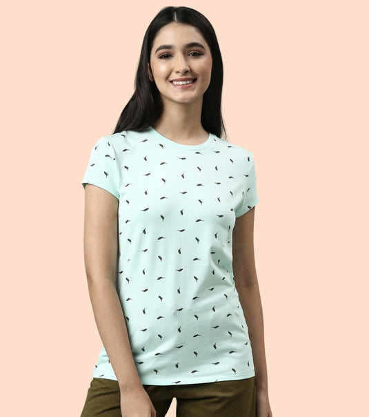 Enamor Short Sleeve Crew Neck Regular Length Pull On Basic Crew T-Shirt For Women - Slim Fit, Soft and Breathable Stretch Cotton - E247 (Soft Aqua Whale Aop)