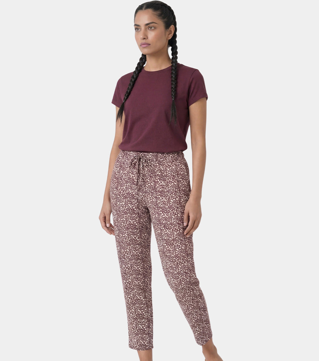 Enamor Mid Rise 7/8th length Drawstring Closure Shop In Pants for Women - Relaxed Fit, Soft & drapey 4-way stretch - E048 (Brown Animal Print)