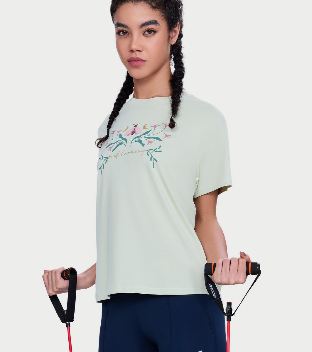 Enamor Active Graphic Tee –  breathable, sweat-wicking all-day comfort - A321 (Fog Green Soul Balance Graphic)
