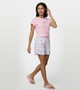 Enamor Mid Rise Mid Thigh Length Adjustable drawstring Hangout Shorts For Women - Relaxed Fit, Soft & Light Cotton - E7A1 (Pink/Light Blue Checks)