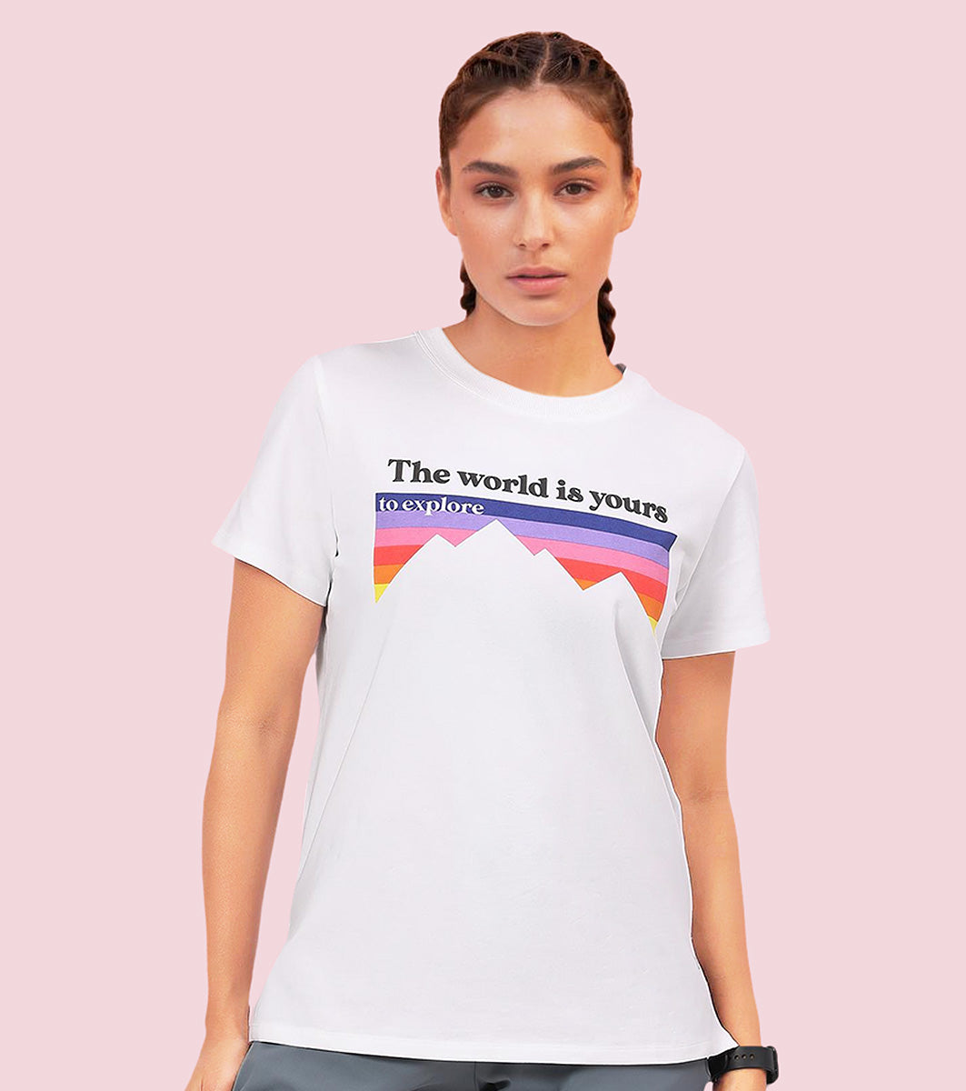 Enamor A301 Short Sleeve Anti-Odour Cotton T-Shirt With Graphic Print - Bright White Explore 