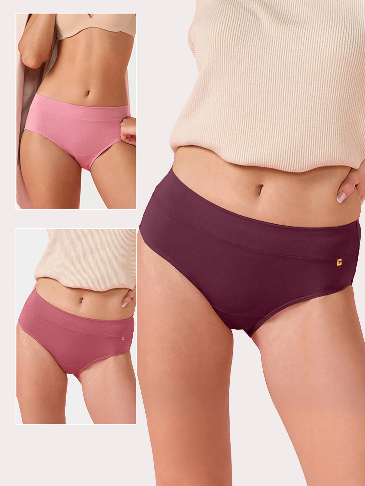 Enamor | Pack of 3 | Bamboo Cotton IP01, Mid Waist Women's Hipster Panty - 3X Softer, 4X more Absorbent, Antimicrobial, No-Pinch Waist, All-Day Comfort (Grape Wine/Slate Rose/Rose Blush)