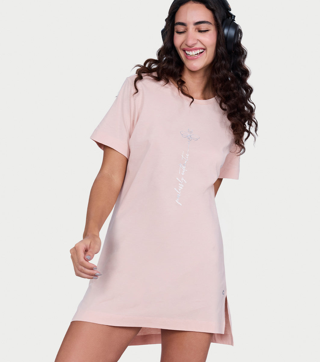 Enamor Short Sleeve Crew Neck Mid Thigh Length Tunic T-Shirt For Women - Relaxed Fit, Soft and Breathable Cotton - E061 (Rose Smoke Heart Spirit Mind)