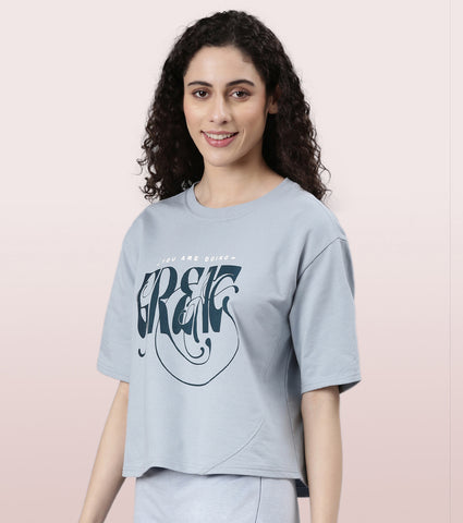 Enamor Cotton Terry Graphic T-Shirt For Women | Cropped Length Oversized Fit Tee | E3G4