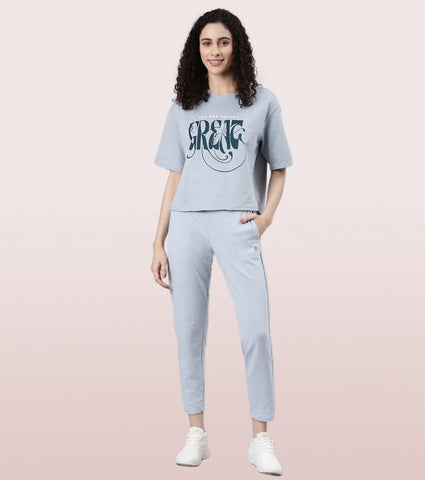Enamor Cotton Terry Graphic T-Shirt For Women | Cropped Length Oversized Fit Tee | E3G4