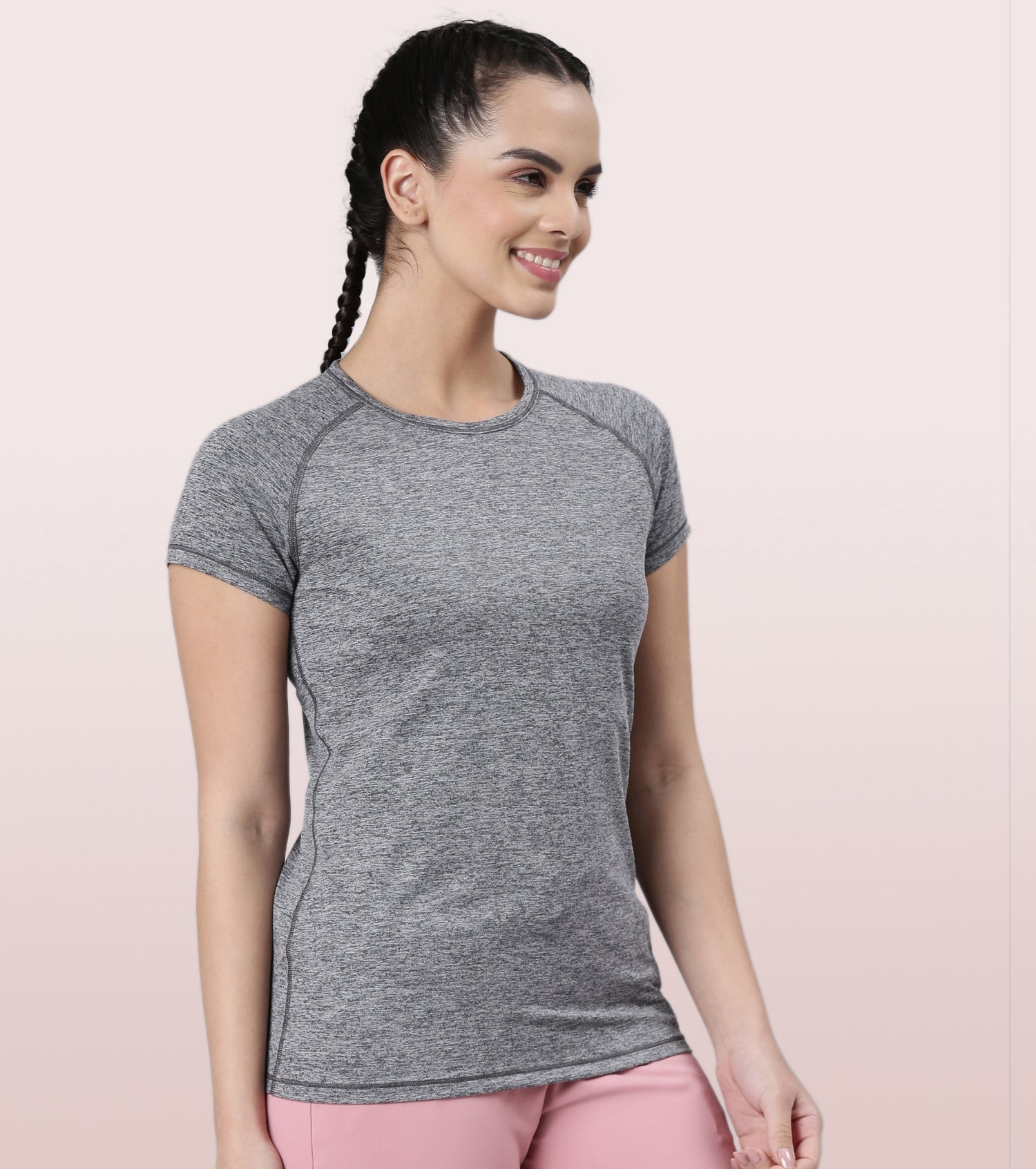 Slim Active Tee | Short Sleeve Raglan Scoop Neck Slim Active Tee With Reflective Graphic On Back | E089