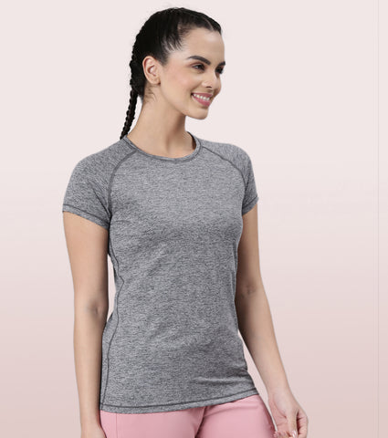 Slim Active Tee | Short Sleeve Raglan Scoop Neck Slim Active Tee With Reflective Graphic On Back | E089