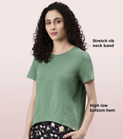  Enamor Basic Stretch Cotton Tee | Short Sleeve Crew Neck Tee For Women | E305