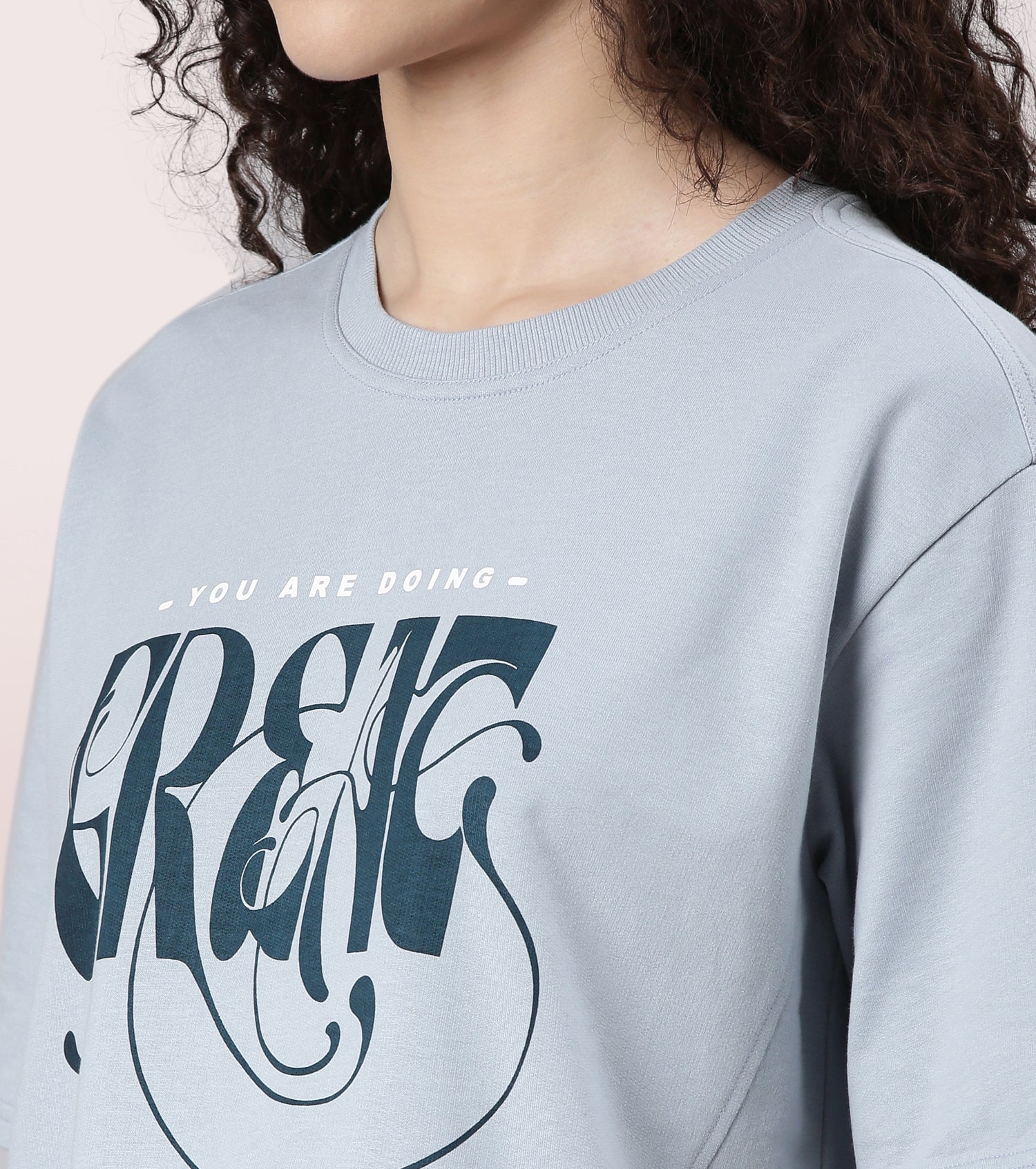 Enamor Cotton Terry Graphic T-Shirt For Women | Cropped Length Oversized Fit Tee | E3G4