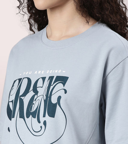 Enamor Cotton Terry Graphic T-Shirt For Women | Cropped Length Oversized Fit Tee | E3G4