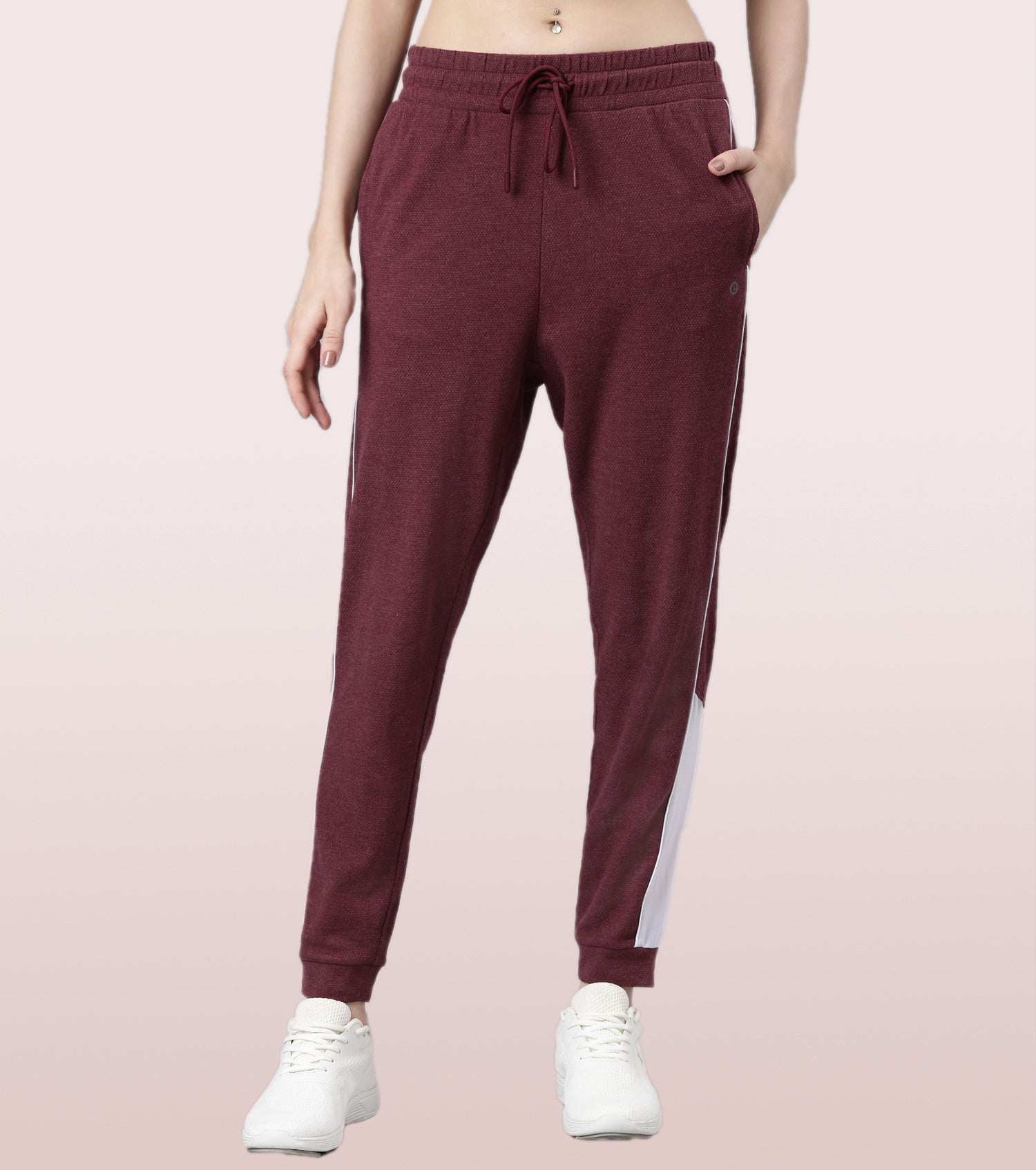 Enamor Relaxed Fit Popcorn Fabric Jogger For Women | Mid Rise Regular Length Piping Jogger | E403