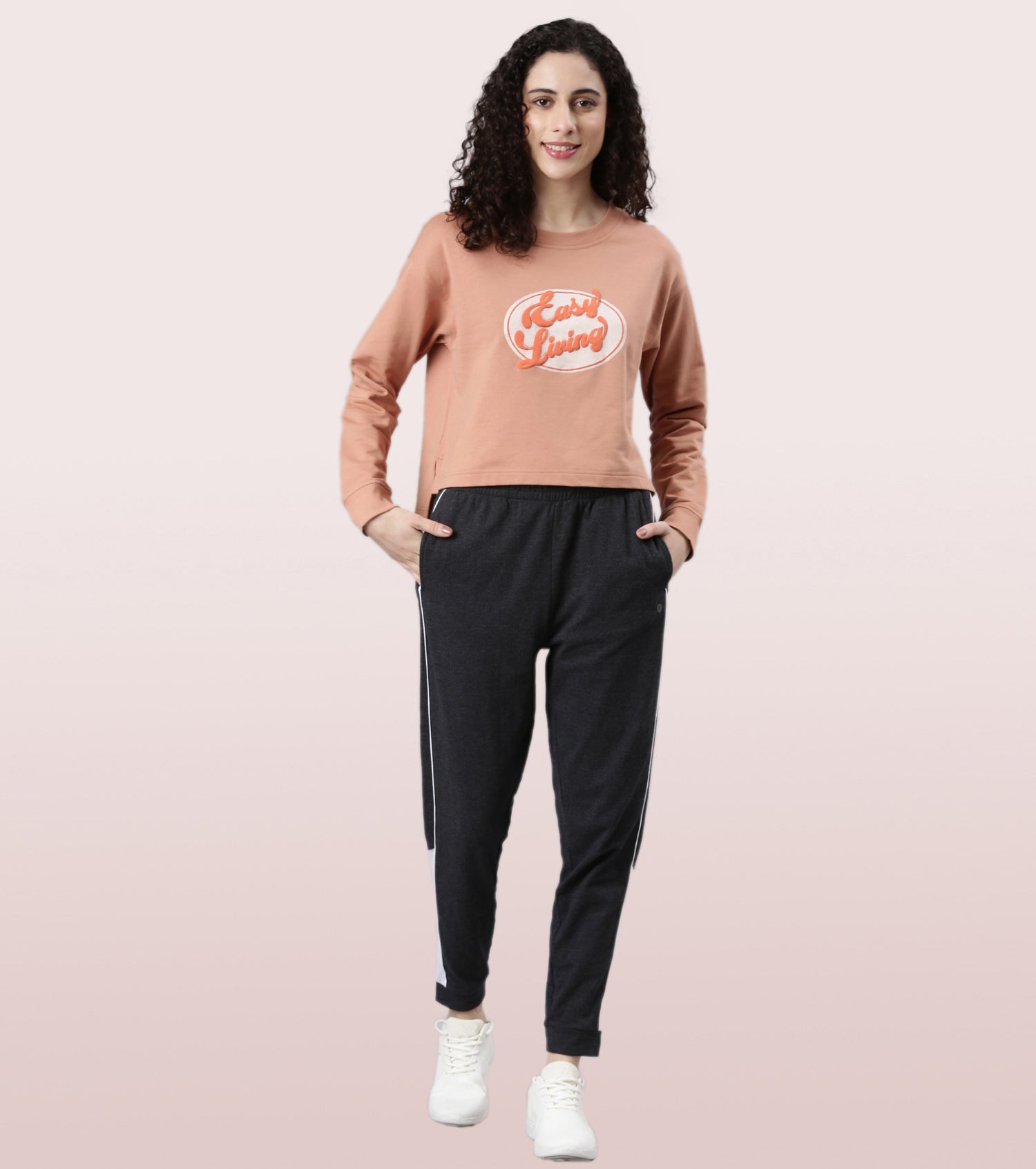 Enamor Relaxed Fit Popcorn Fabric Jogger For Women | Mid Rise Regular Length Piping Jogger | E403