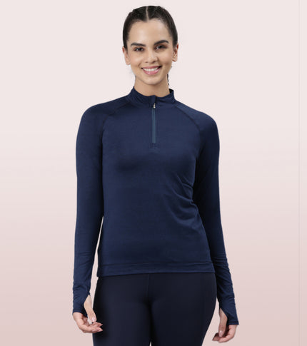Enamor Full Sleeve High Neck Medium Length Pull on Dry Fit T-Shirt For Women - Slim Fit - A310 (Navy Melange)