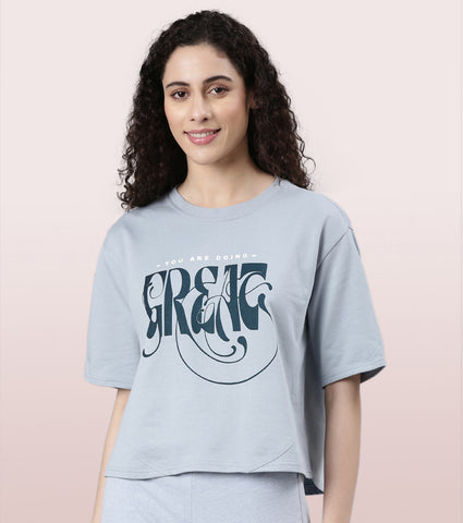 Enamor Cotton Terry Graphic T-Shirt For Women | Cropped Length Oversized Fit Tee | E3G4