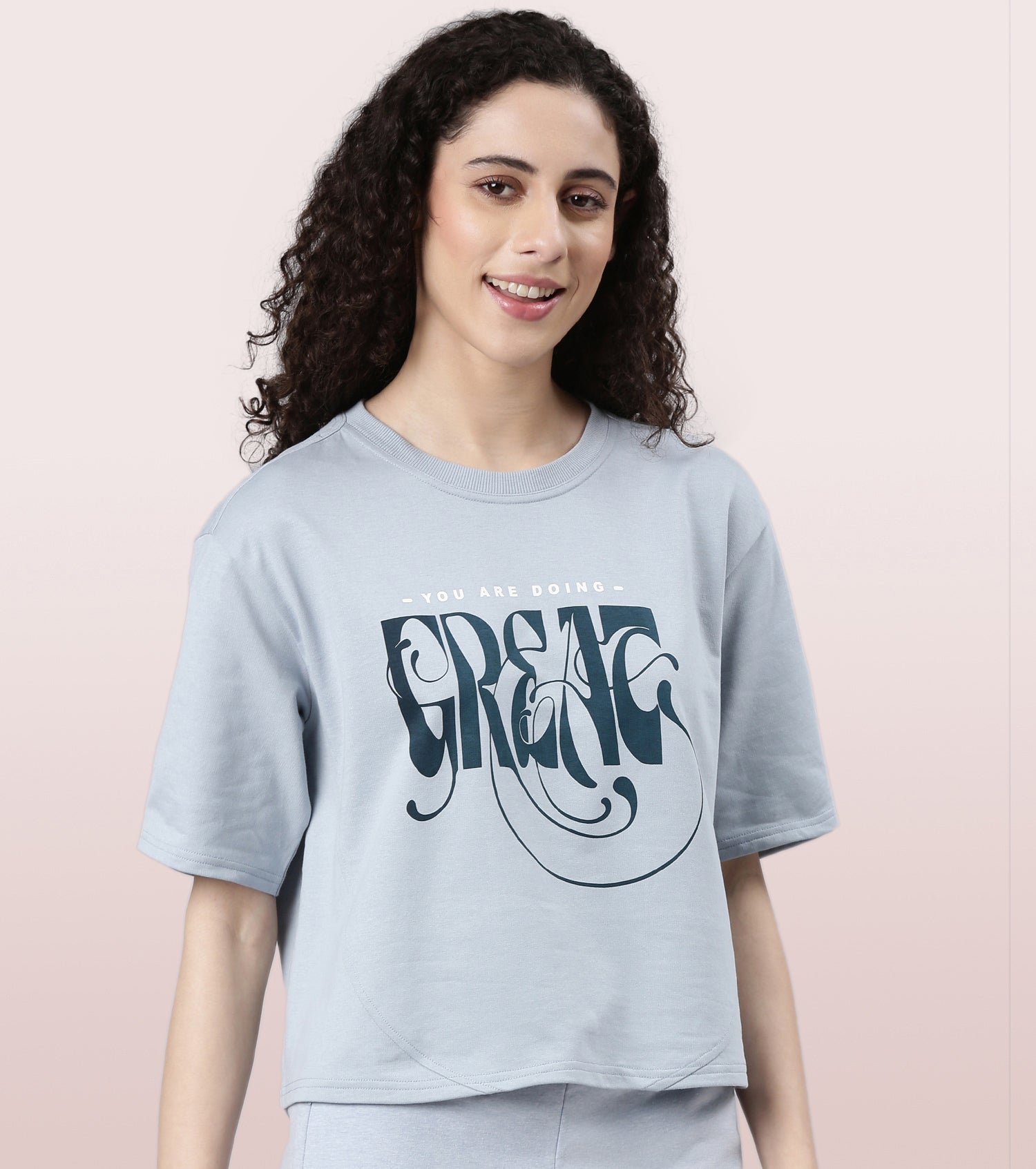 Enamor Cotton Terry Graphic T-Shirt For Women | Cropped Length Oversized Fit Tee | E3G4