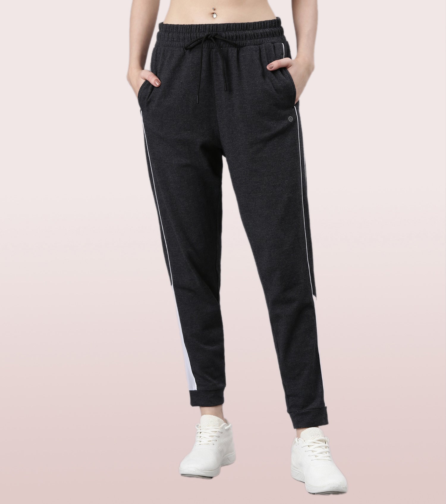 Enamor Relaxed Fit Popcorn Fabric Jogger For Women | Mid Rise Regular Length Piping Jogger | E403