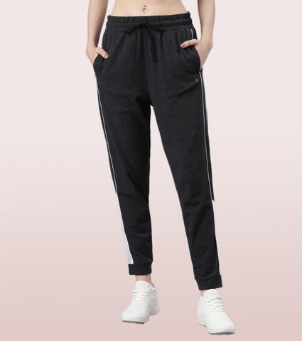 Enamor Relaxed Fit Popcorn Fabric Jogger For Women | Mid Rise Regular Length Piping Jogger | E403