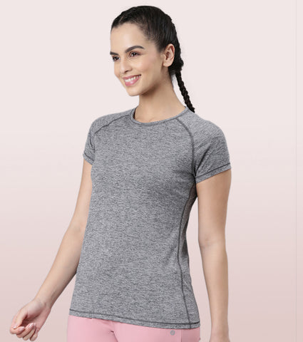 Slim Active Tee | Short Sleeve Raglan Scoop Neck Slim Active Tee With Reflective Graphic On Back | E089