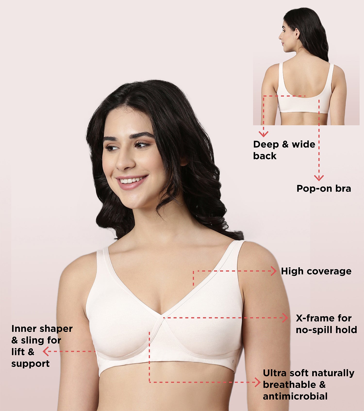 Enamor BambooBliss A076 Ultimate Softness Innovation Bamboo Cotton Lounge Slip-on T-shirt Bra for Women with Removable Pads- High Coverage, Padded and Wirefree