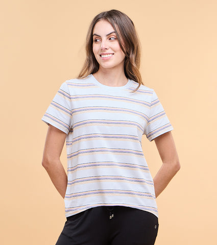 Enamor E3S5 High Low Tee Stripe - Short Sleeve Crew Neck Stretch Cotton Tee with Stylish Stripes