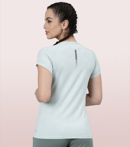 Slim Active Tee | Short Sleeve Raglan Scoop Neck Slim Active Tee With Reflective Graphic On Back | E089
