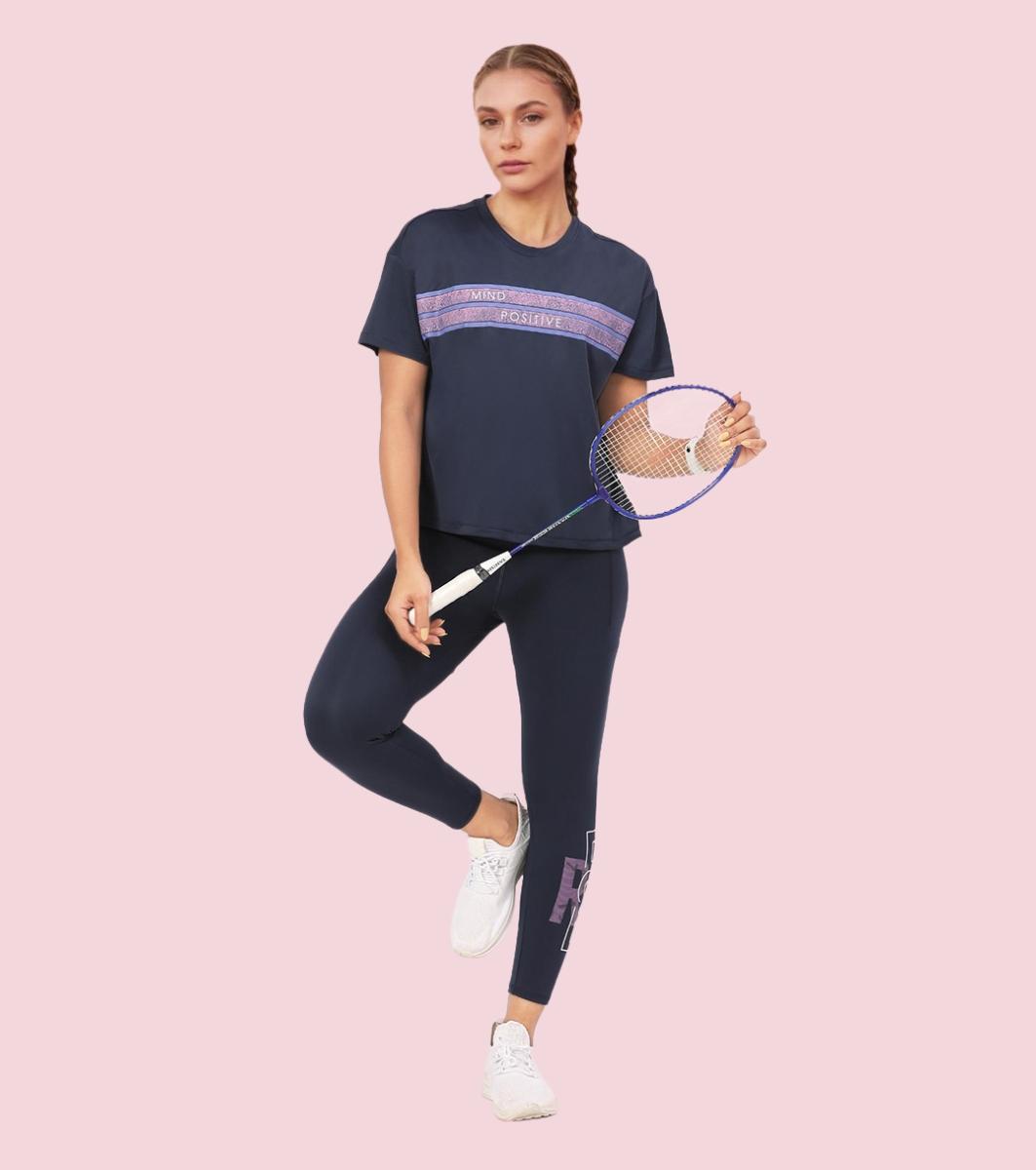 Enamor A311 Typographic Printed Drop Shoulder Sleeves Relaxed Fit Crop T-shirt - Navy-Mind Positive