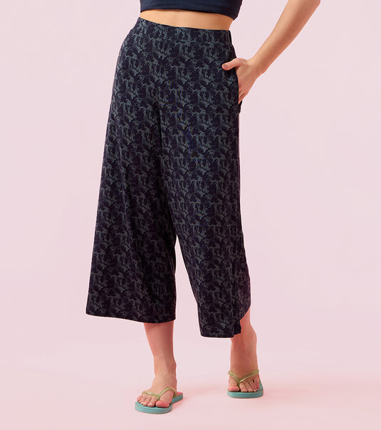 Enamor Mid Rise Crop length Slip on Culotte For Women - Relaxed Fit, Super Soft Fabric - EA64 (Navy Abstract)